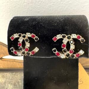Chanel Black Red Clear Rhinestone Crystal Clip On Earrings A19 Authentic CoA